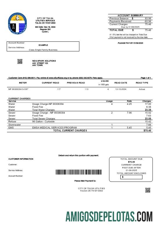 imprimível Modelo de conta de serviços públicos da cidade de Oklahoma de Tulsa, EUA, em formatos Word e PDF